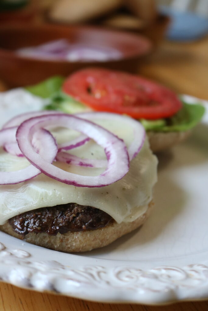 portrait of hamburger on a bun with melted cheese and red onions