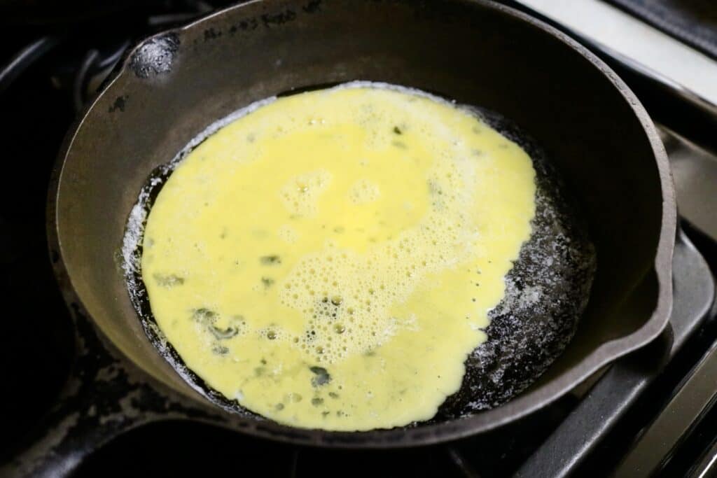 egg in a cast iron skillet on the stove