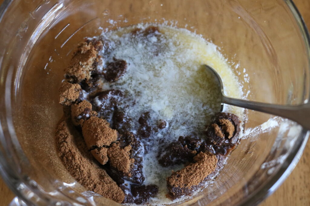 clear glass bowl of brown sugar and melted butter