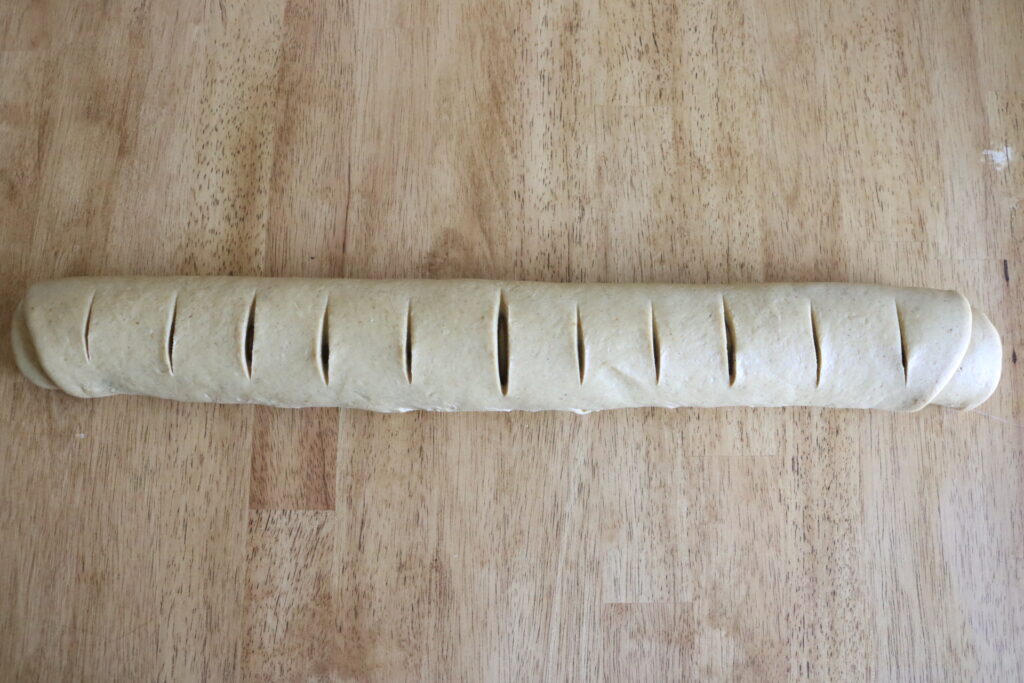 log of dough rolled up and scored in 12 places