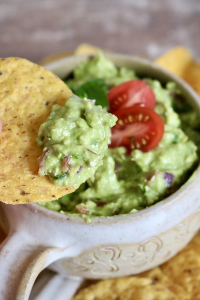 protein guacamole on a tortilla chip