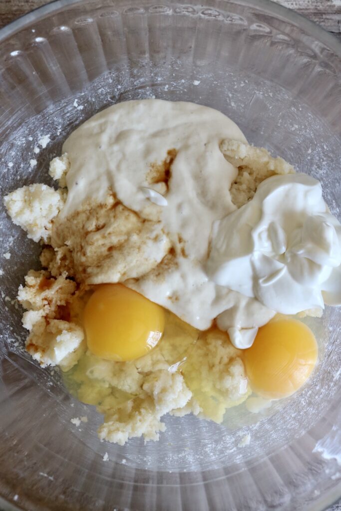 eggs, sourdough discard and greek yogurt in a bowl
