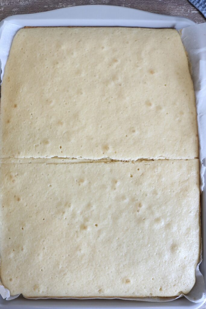 cake in a sheet pan cut in half