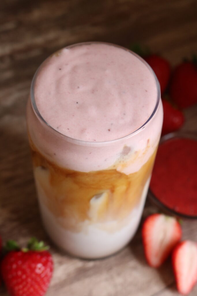 top view of an iced strawberry latte