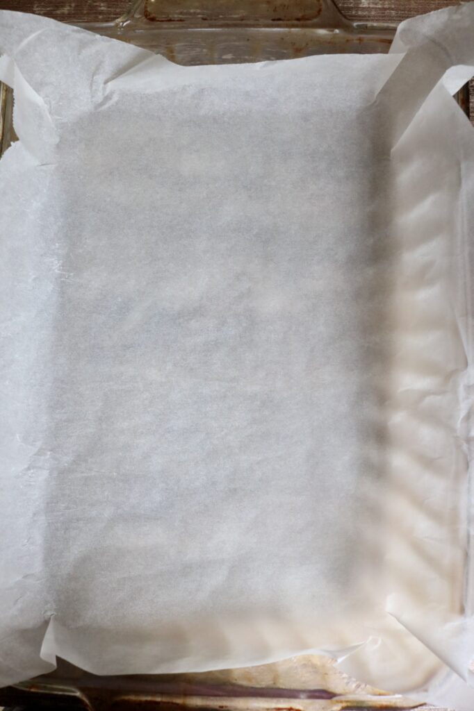 glass pan lined with parchment paper