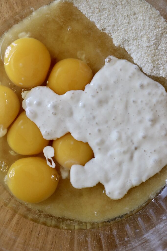 bowl of sugar, eggs, and sourdough starter
