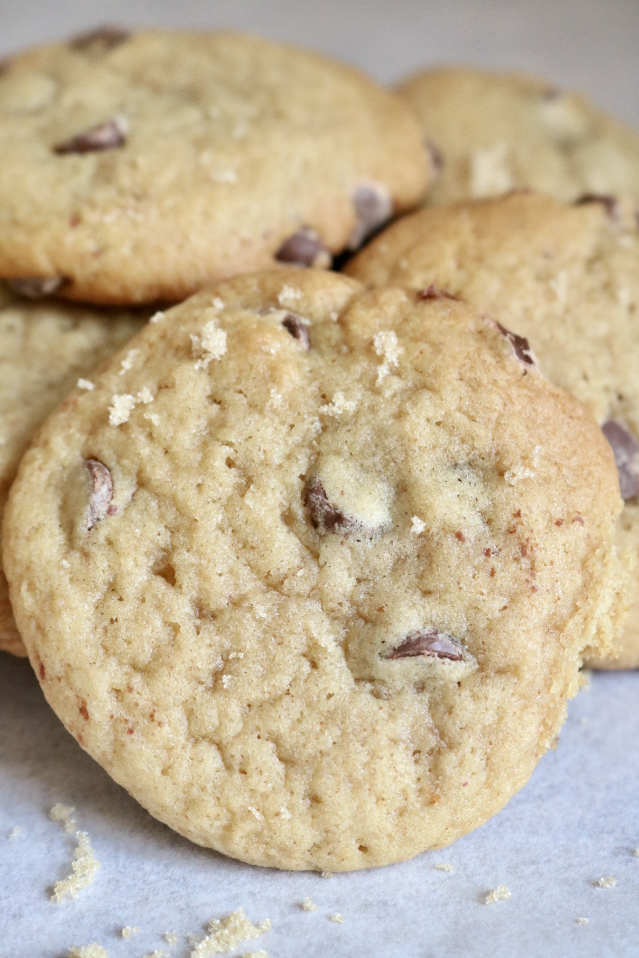 1 brown butter sourdough chocolate chip cookie with other cookies in the backround