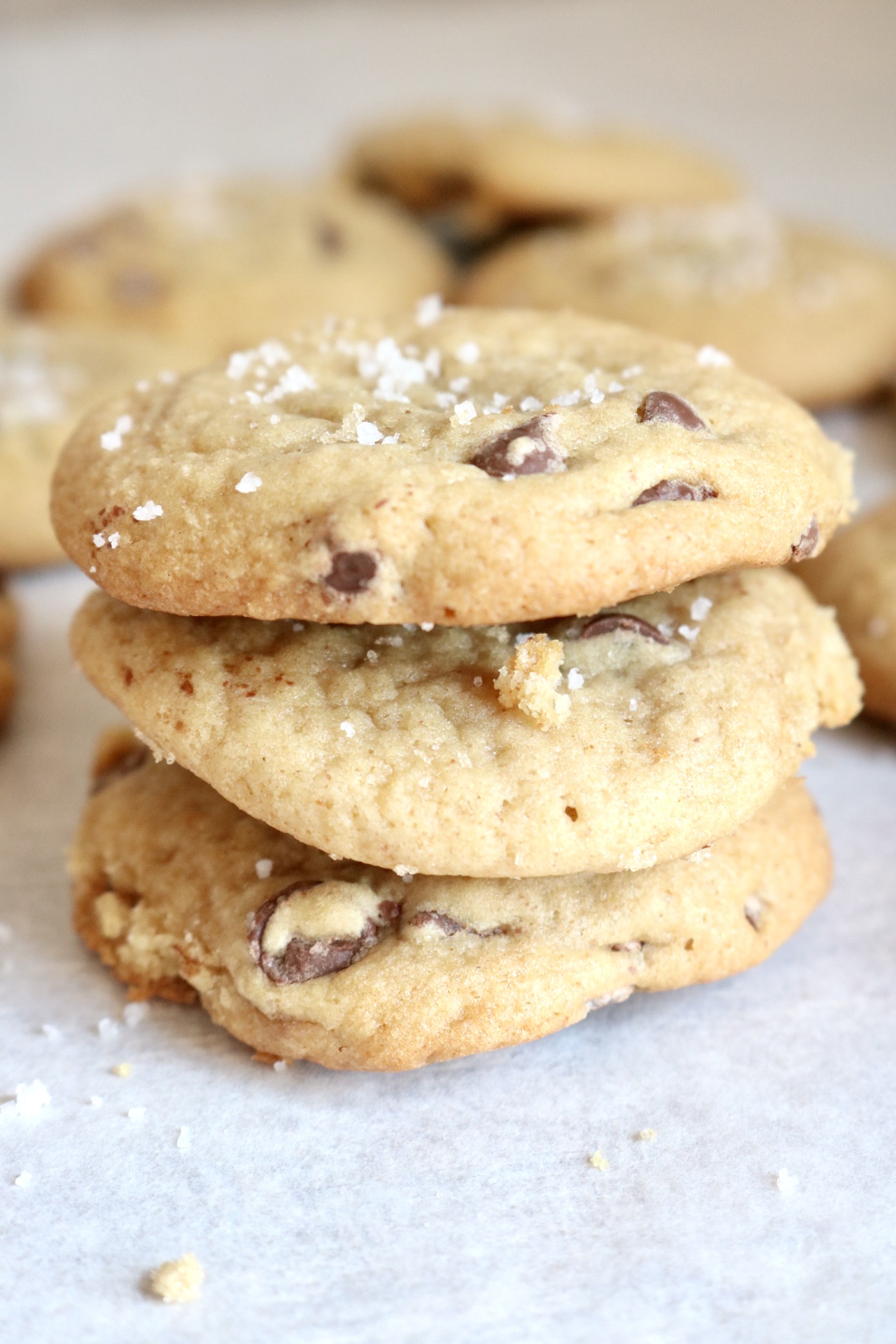 3 brown butter sourdough chocolate chip cookies stacked