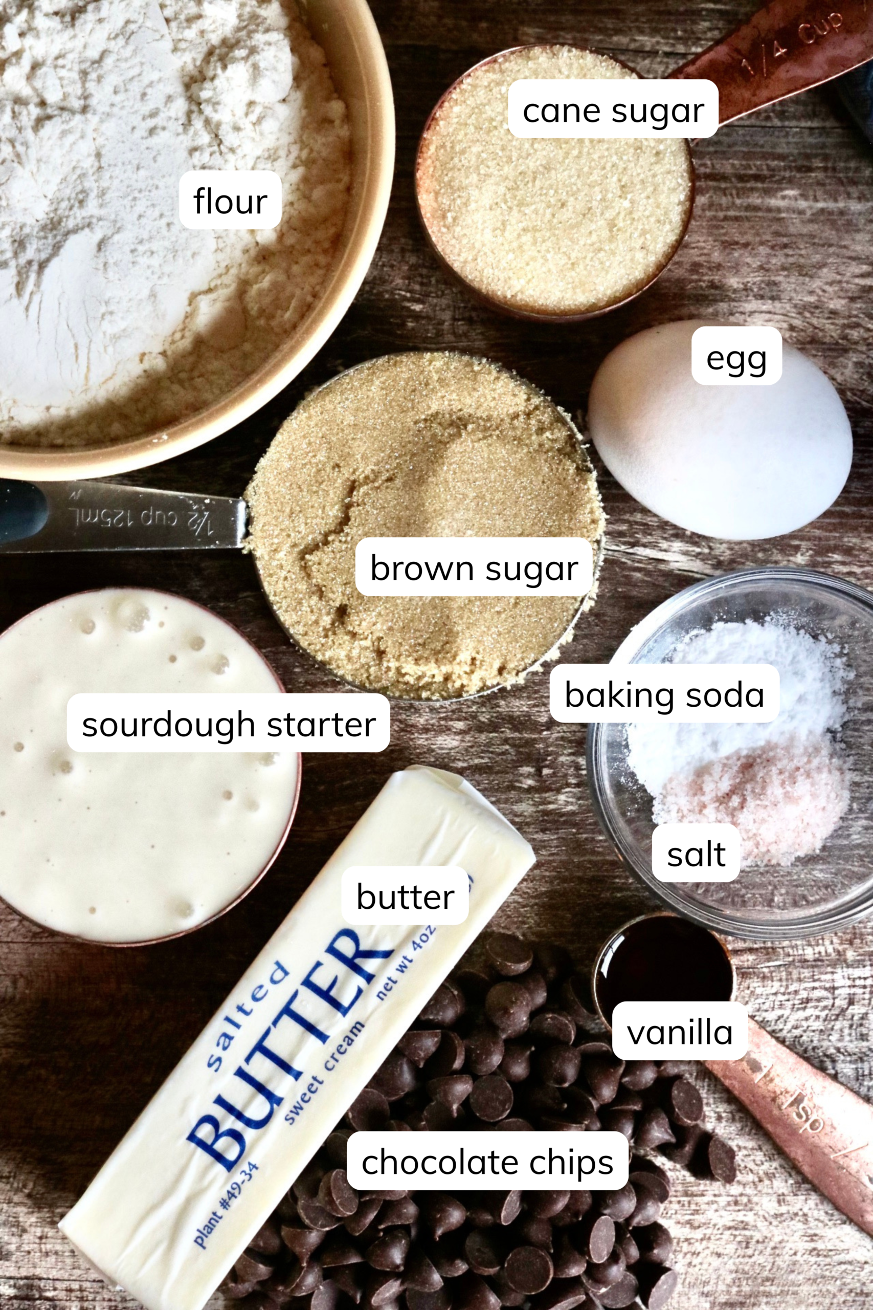 brown butter sourdough chocolate chip cookies ingredients