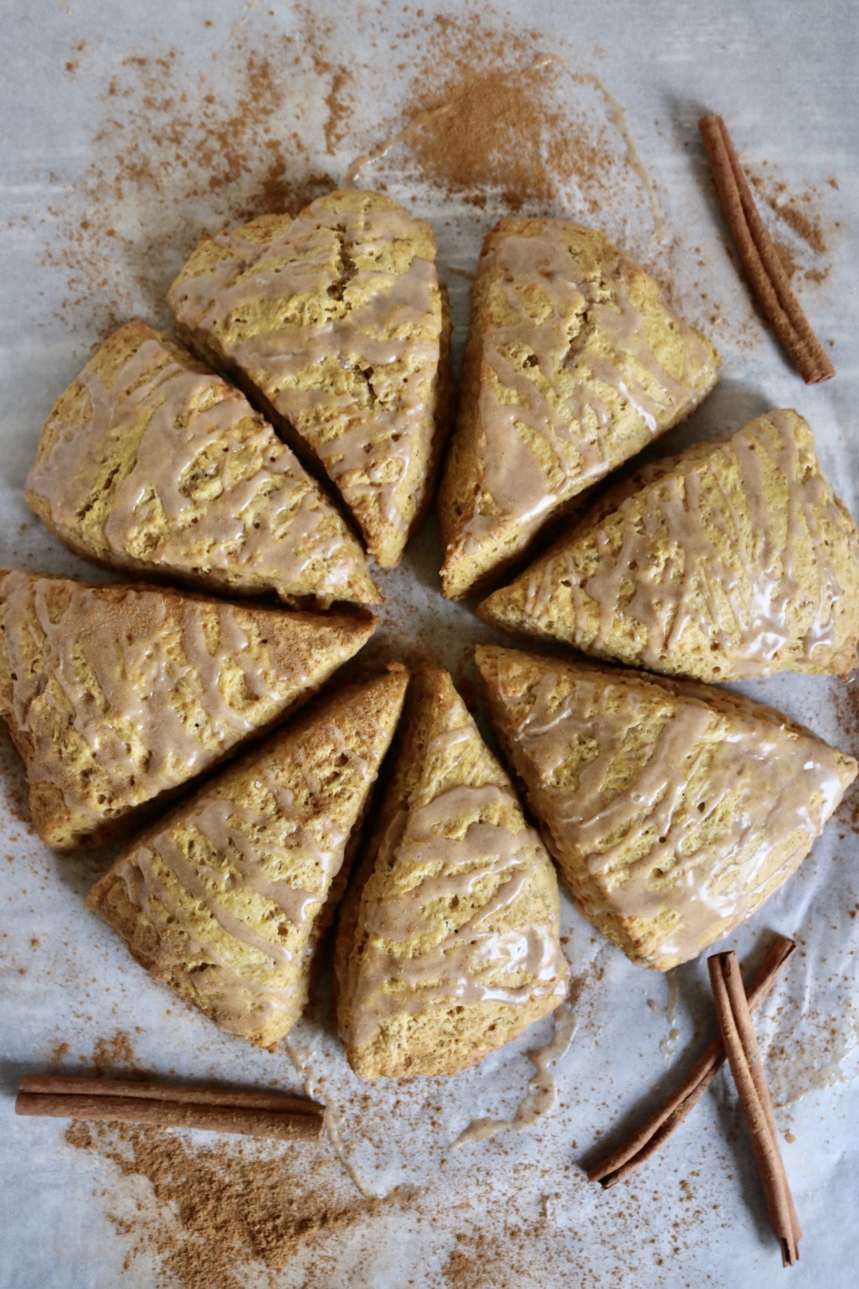 circle of 8 sourdough pumpkin scones with cinnamon sprinkled around and cinnamon sticks here and there