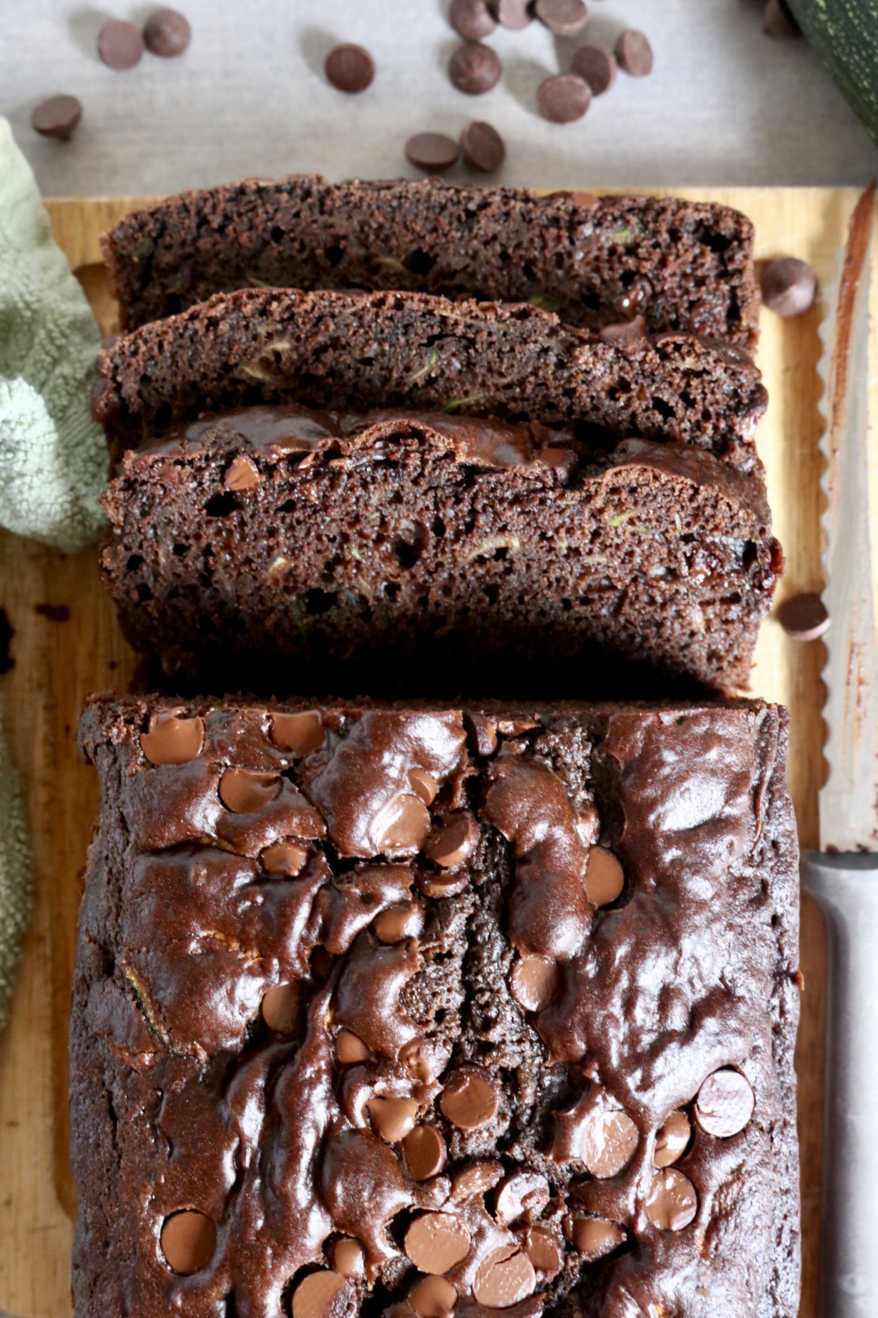 top view of sourdough double chocolate zucchini bread sliced