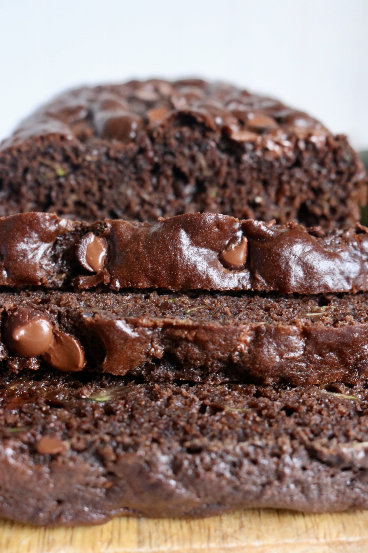 close up of sourdough double chocolate zucchini bread slices