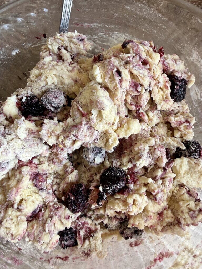 sourdough blackberry lemon sourdough scone dough in a bowl