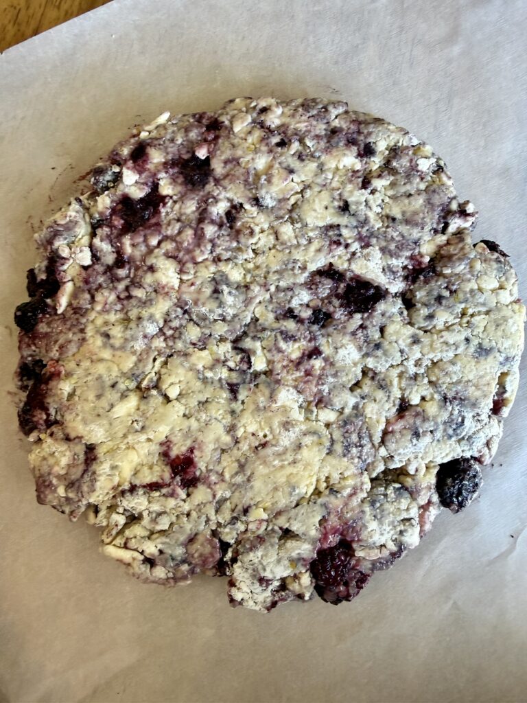 circle of sourdough blackberry lemon sourdough scone dough on a piece of parchment paper