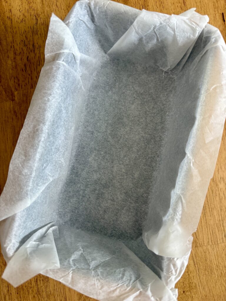loaf pan lined with parchment paper
