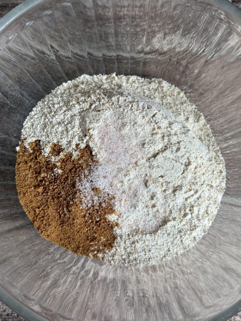 freshly milled flour coconut sugar and salt in a glass bowl